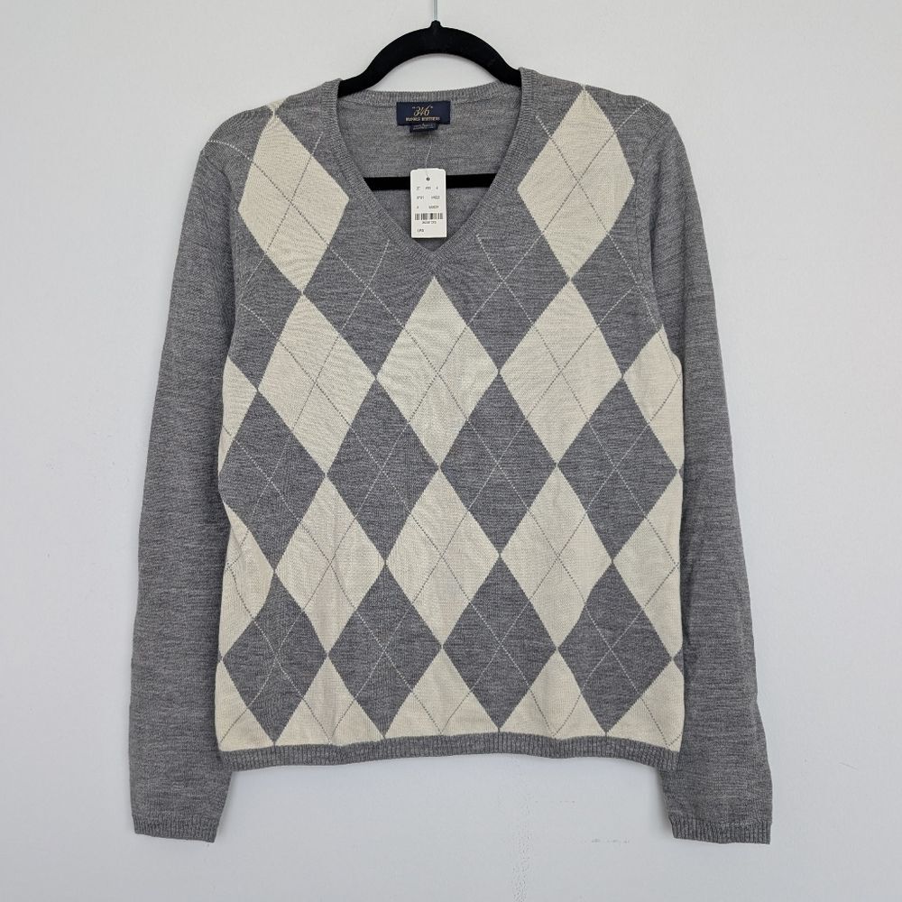 NWT Brooks Brothers Merino Wool Argyle Print Academia V Neck Sweater Sz L